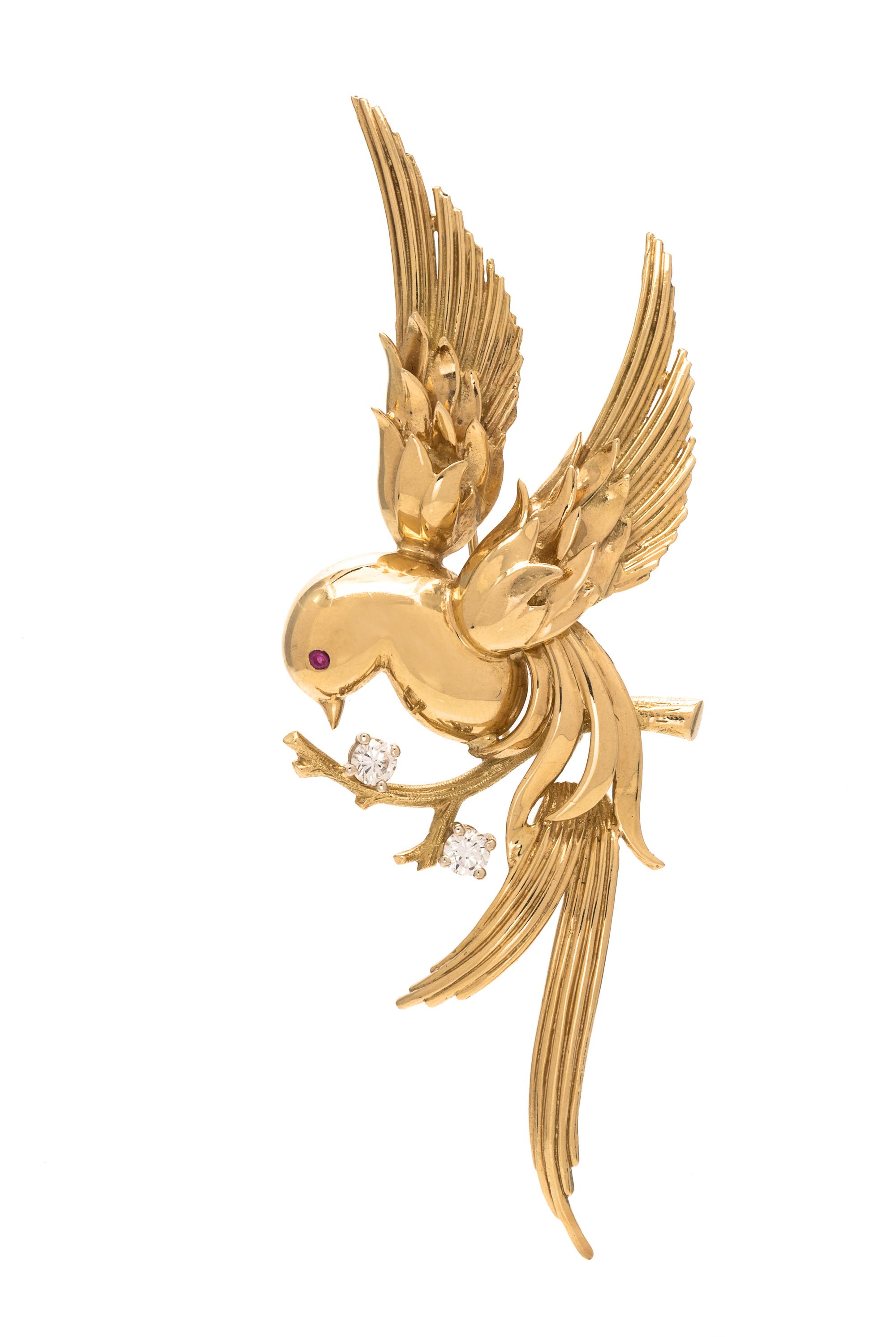 An 18 Karat Yellow Gold, Diamond and Ruby Bird Brooch, Peter Lindeman,