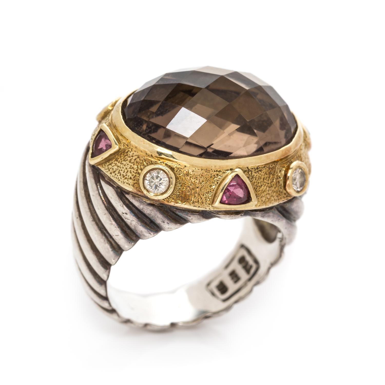 A Sterling Silver, 18 Karat Yellow Gold, Smoky Quartz, Diamond and Pink Tourmaline Ring, David Yurman, 9.50 dwts.
