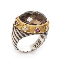 A Sterling Silver, 18 Karat Yellow Gold, Smoky Quartz, Diamond and Pink Tourmaline Ring, David Yurman, 9.50 dwts.