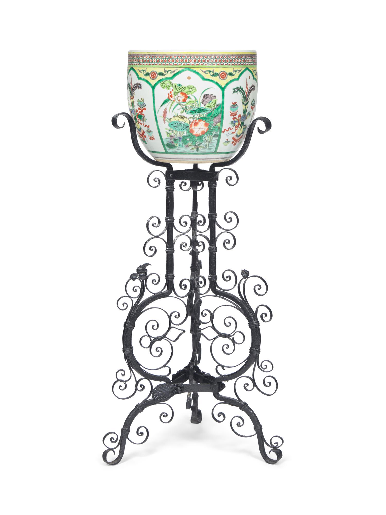 A Chinese Famille Verte Porcelain Jardinière on Victorian Wrought Iron Stand