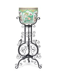 A Chinese Famille Verte Porcelain Jardinière on Victorian Wrought Iron Stand