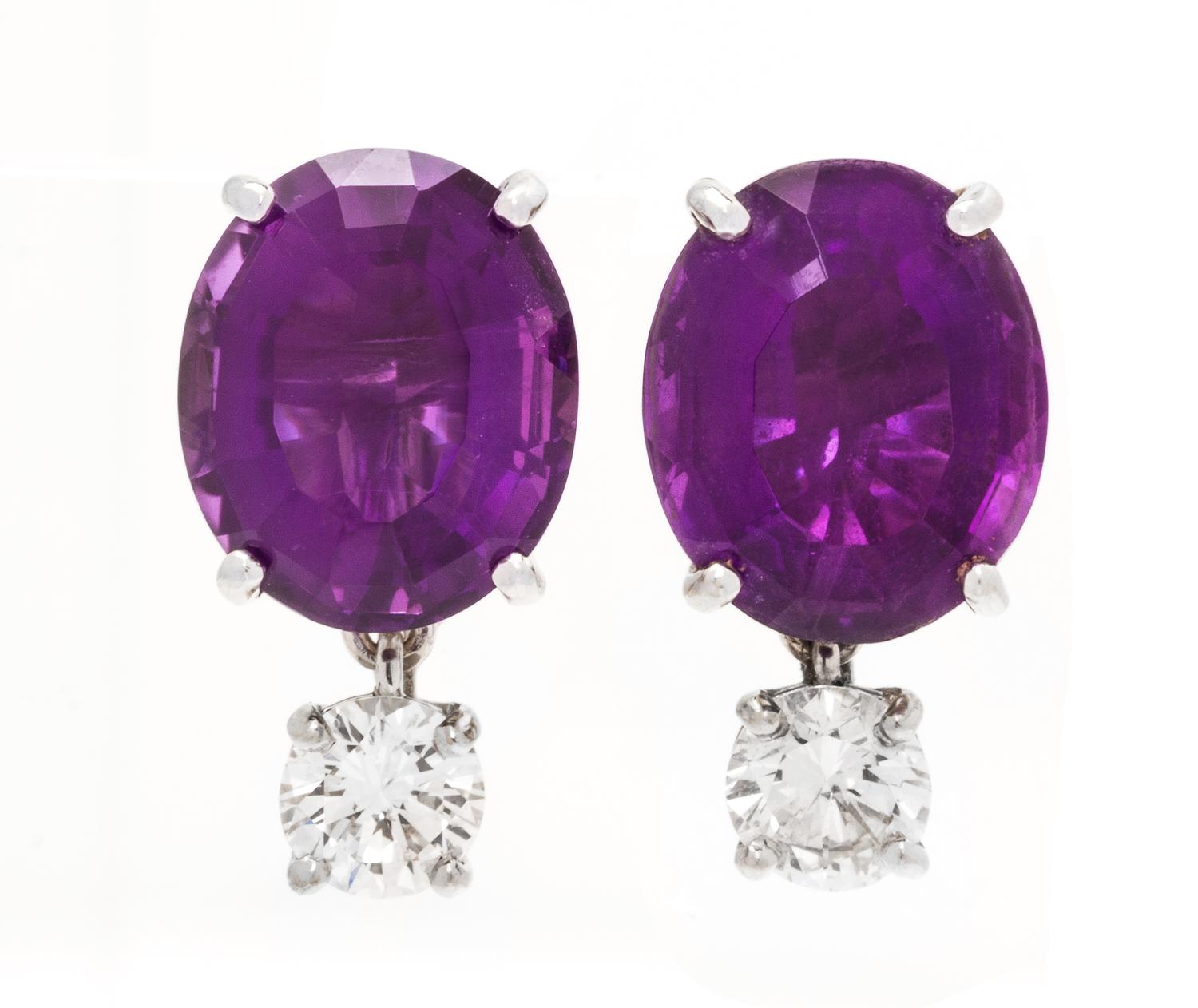 A Pair of White Gold, Amethyst and Diamond Earrings, 4.50 dwts.
