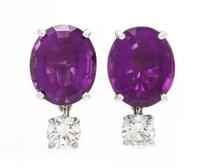 A Pair of White Gold, Amethyst and Diamond Earrings, 4.50 dwts.