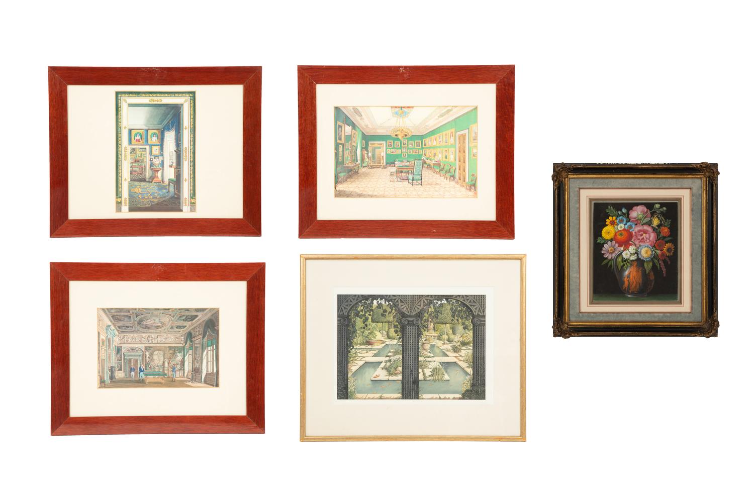 Three Printed Illustrations of interiors; An English Garden; Bouquet of Flowers in a Red-Figured Vase (five works)