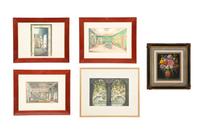 Three Printed Illustrations of interiors; An English Garden; Bouquet of Flowers in a Red-Figured Vase (five works)