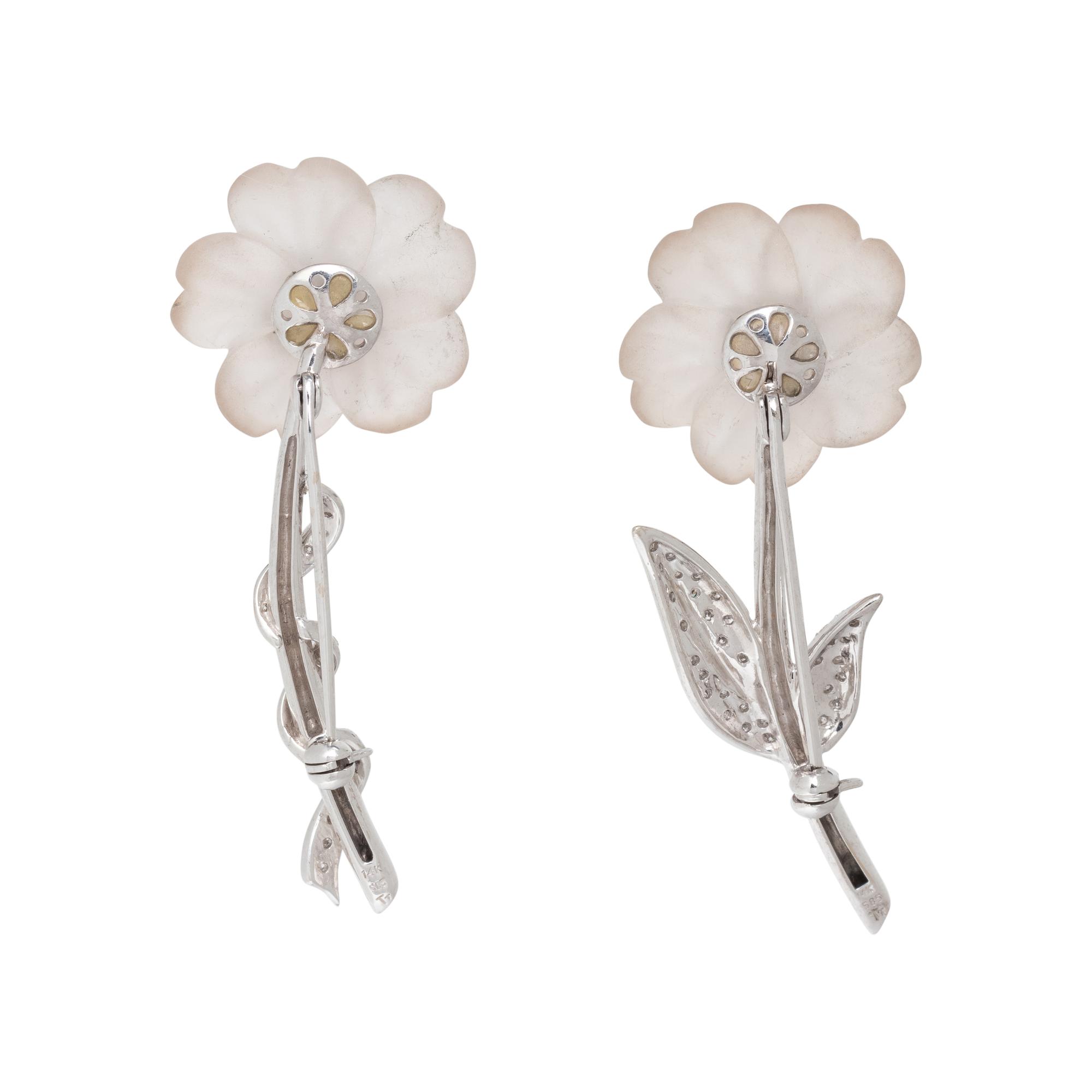 PAIR OF WHITE GOLD, ROCK CRYSTAL AND DIAMOND FLOWER BROOCHES