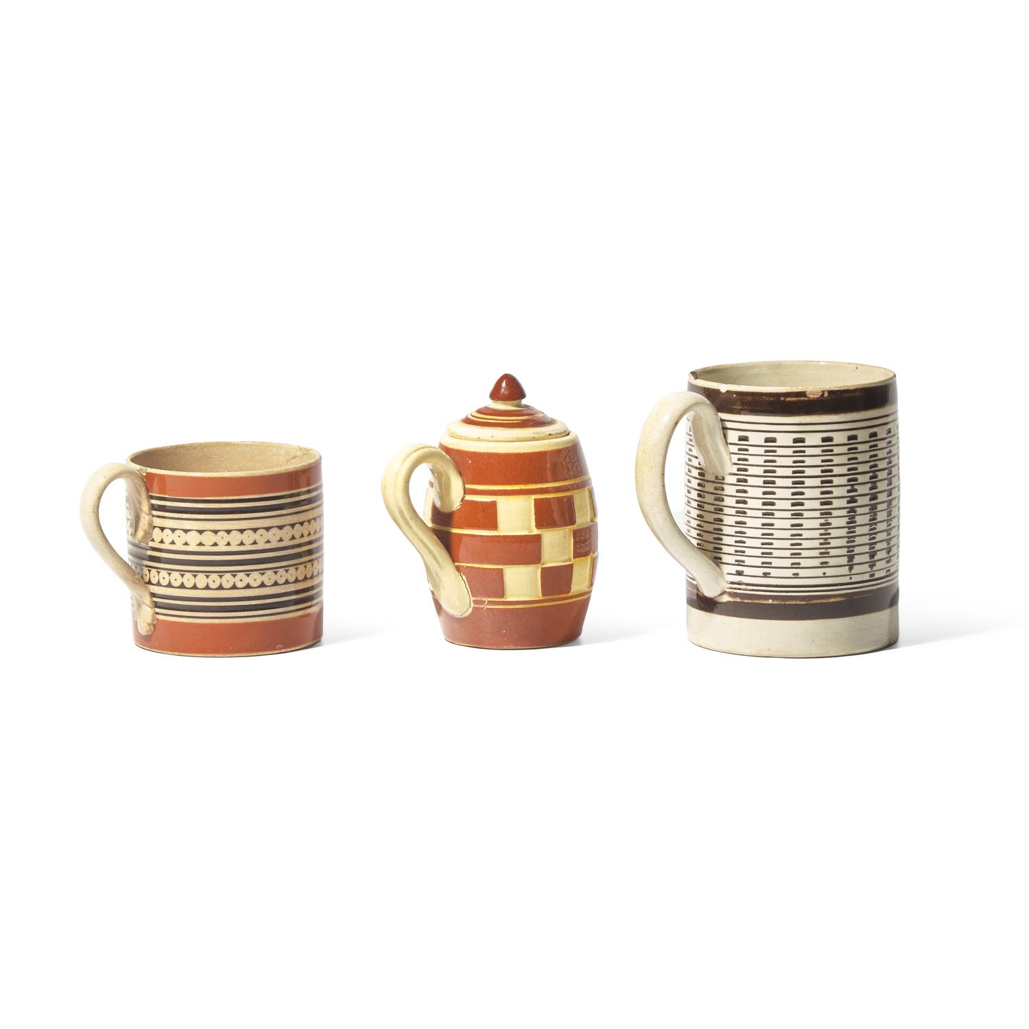 A Group of Three Mocha-Decorated and Engine- Turned Creamware and Yellowware Items