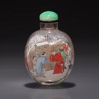 A Chinese Interior-Painted Rock Crystal "Three Kingdoms" Snuff Bottle, Ye Zhongsan, 1907 — 1907年 葉仲三作水晶內畫三顧茅廬圖鼻煙壺