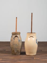 Two Cobalt Decorated Six-Gallon Stoneware Churns