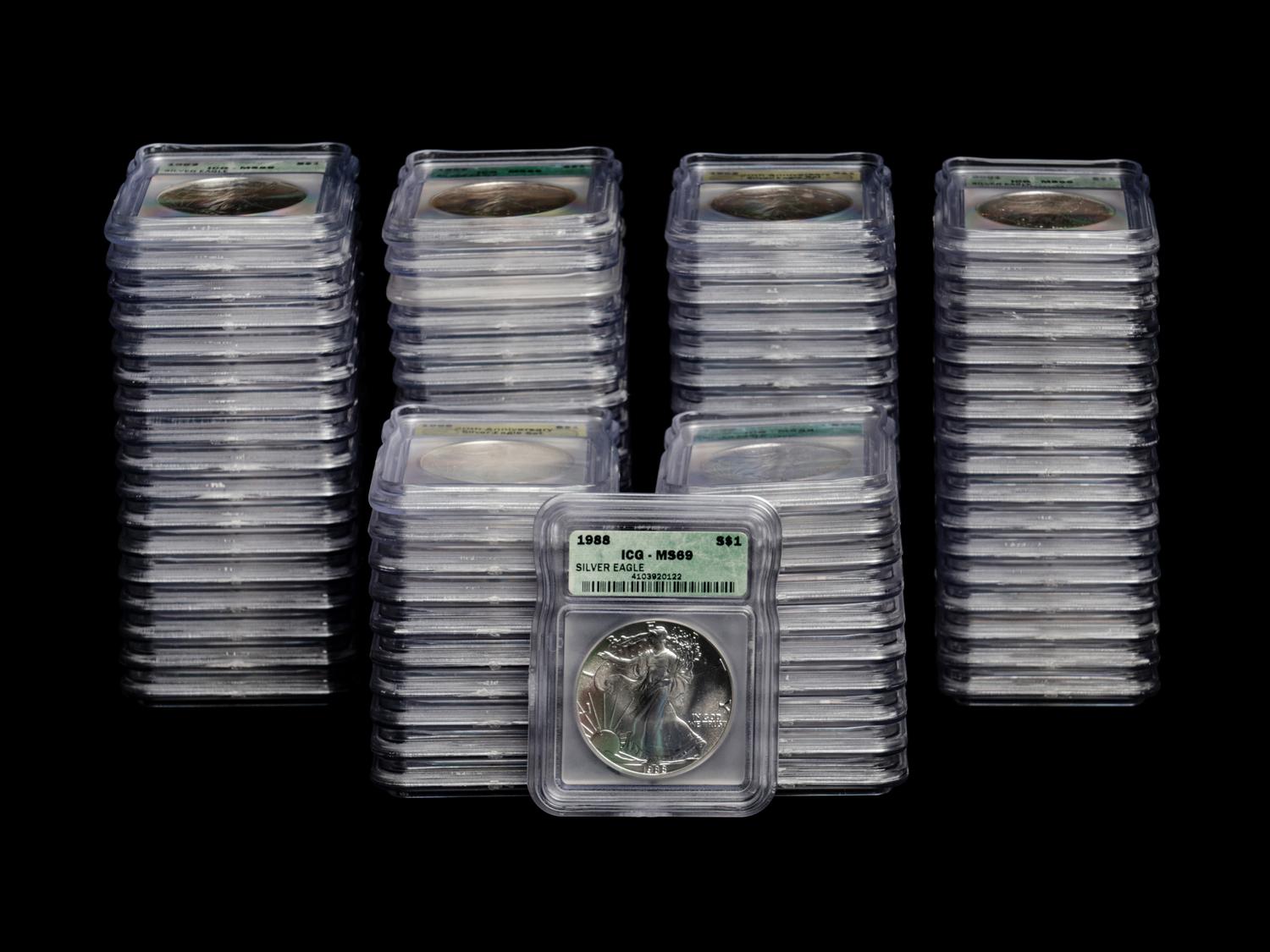 A Collection of Eighty-Seven ICG Graded MS69 Silver Eagle $1 Coins