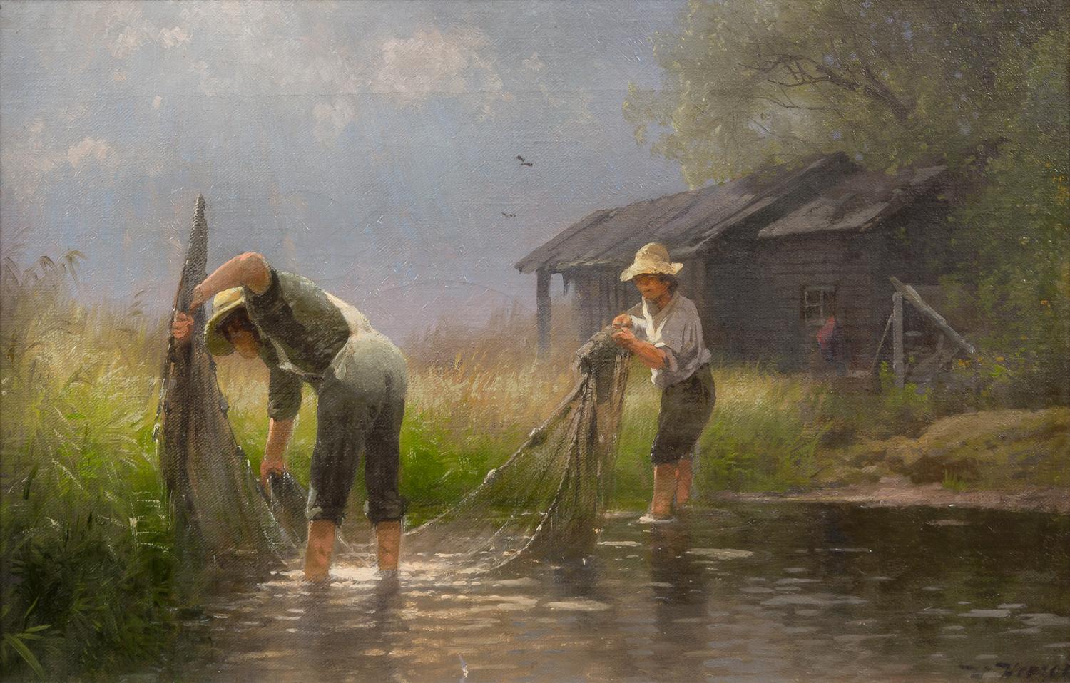 Hermann Herzog, (American, 1832-1932), Fishing for Minnows