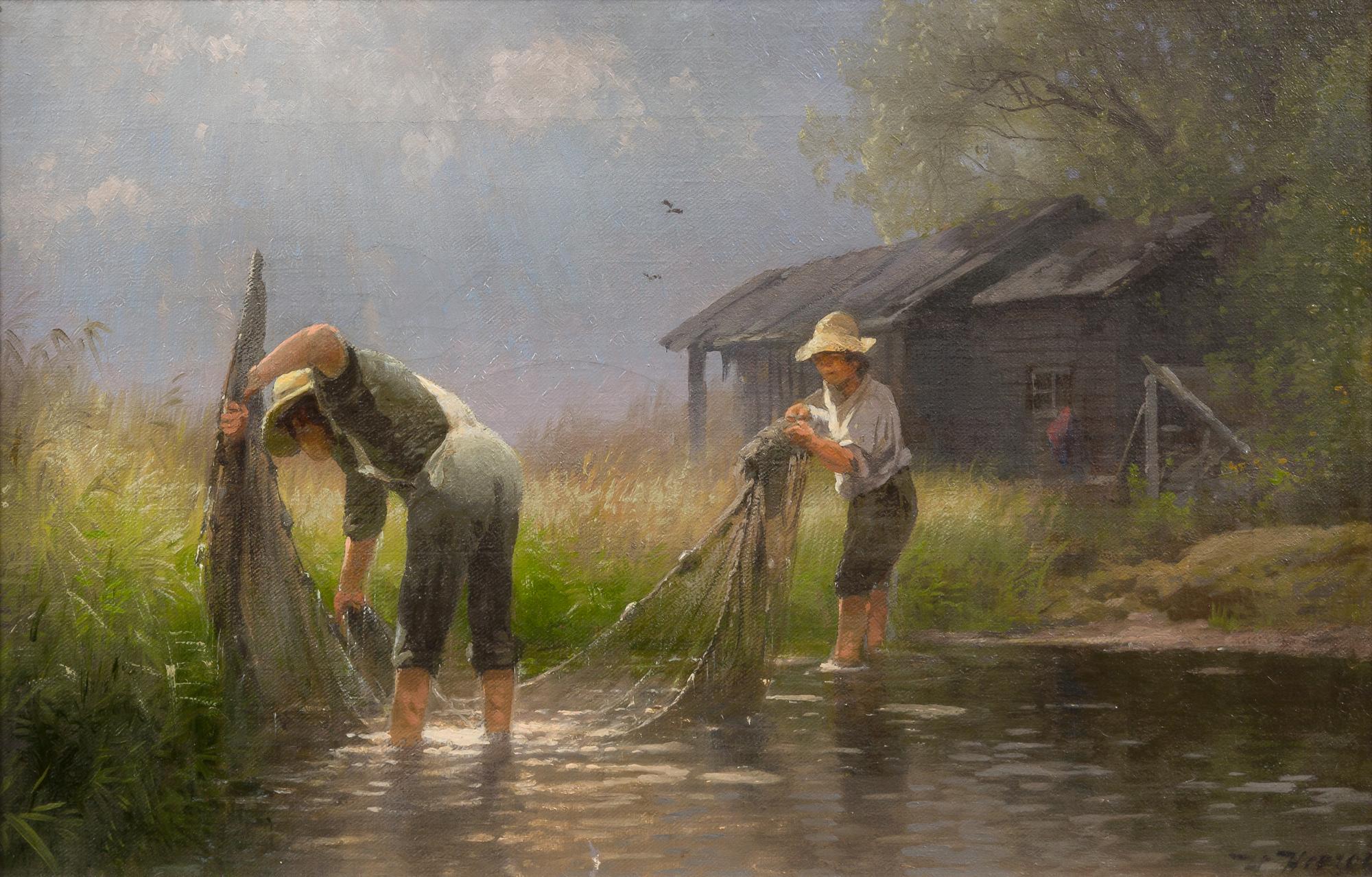Hermann Herzog, (American, 1832-1932), Fishing for Minnows