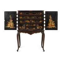 A Chinese Export Black-Japanned Collector's Cabinet on Stand