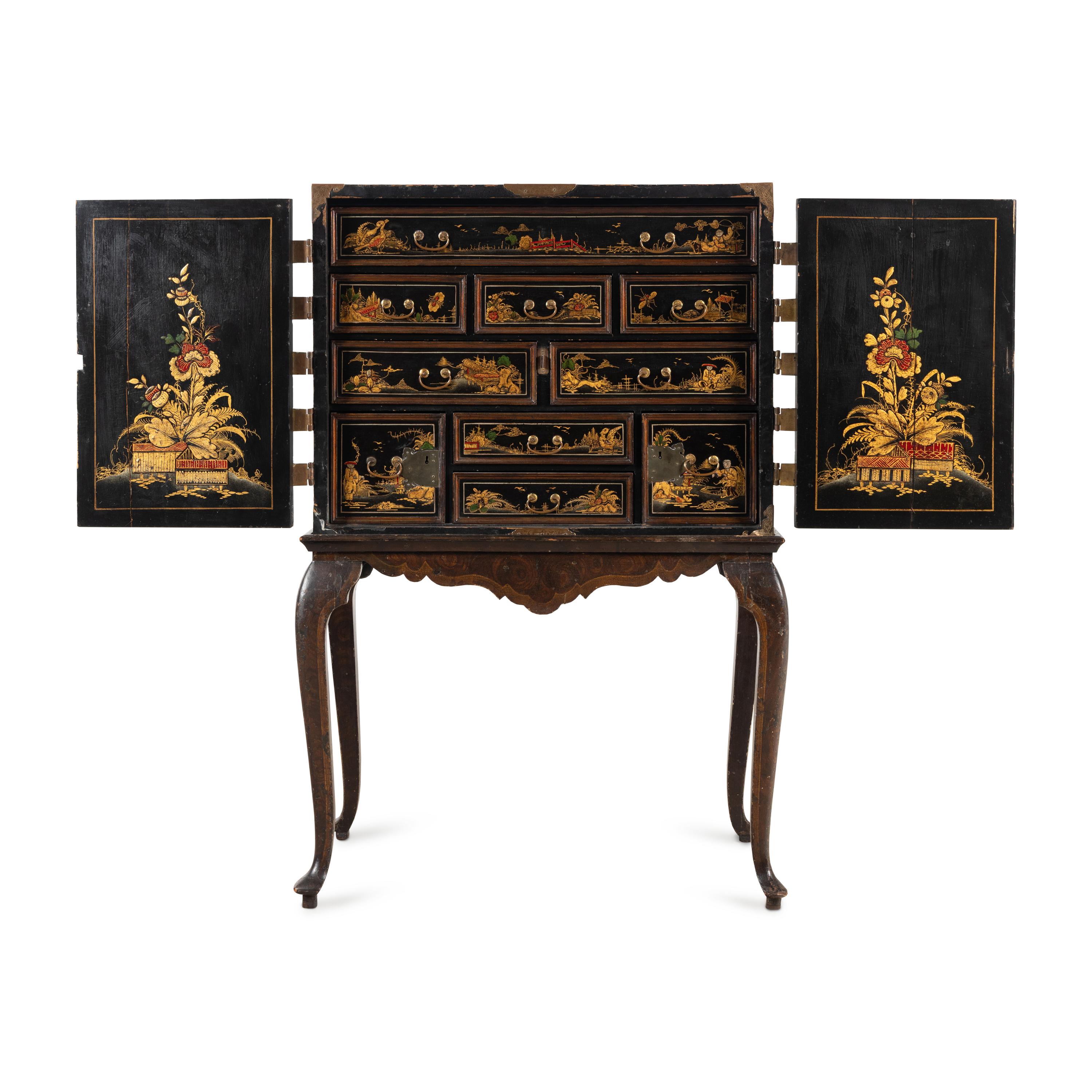 A Chinese Export Black-Japanned Collector's Cabinet on Stand