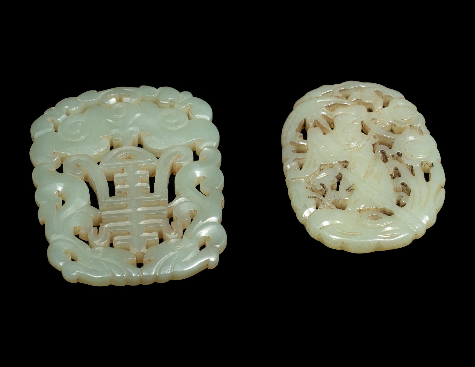 Three Chinese Celadon Jade Reticulated Plaques