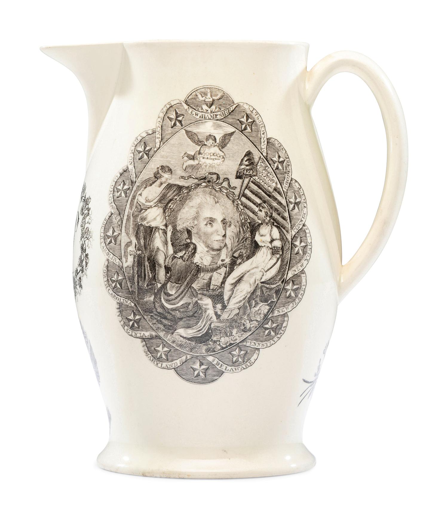 A Liverpool Transfer-Printed Creamware 'George Washington / By Virtue and Valour' Pitcher