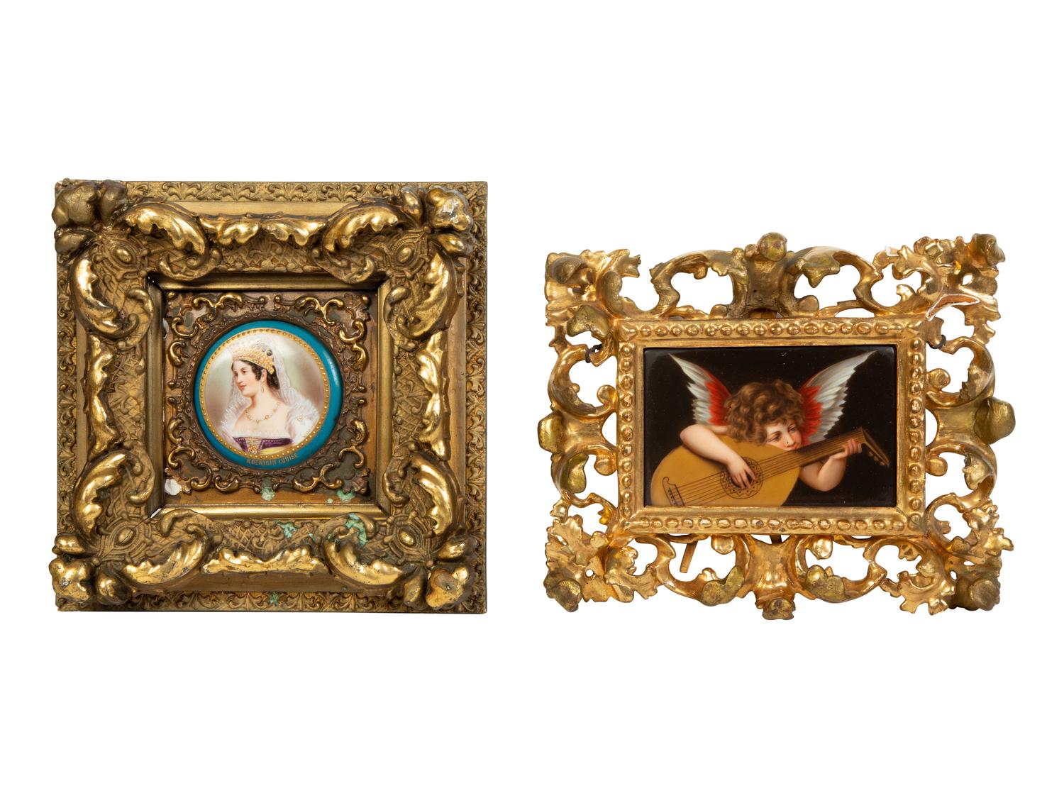 Two Continental Porcelain Plaques in Giltwood Frames