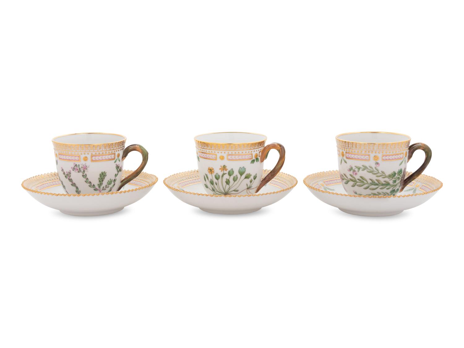 A Set of Twenty-Six Royal Copenhagen Flora Danica Porcelain Coffee Cups and Saucers