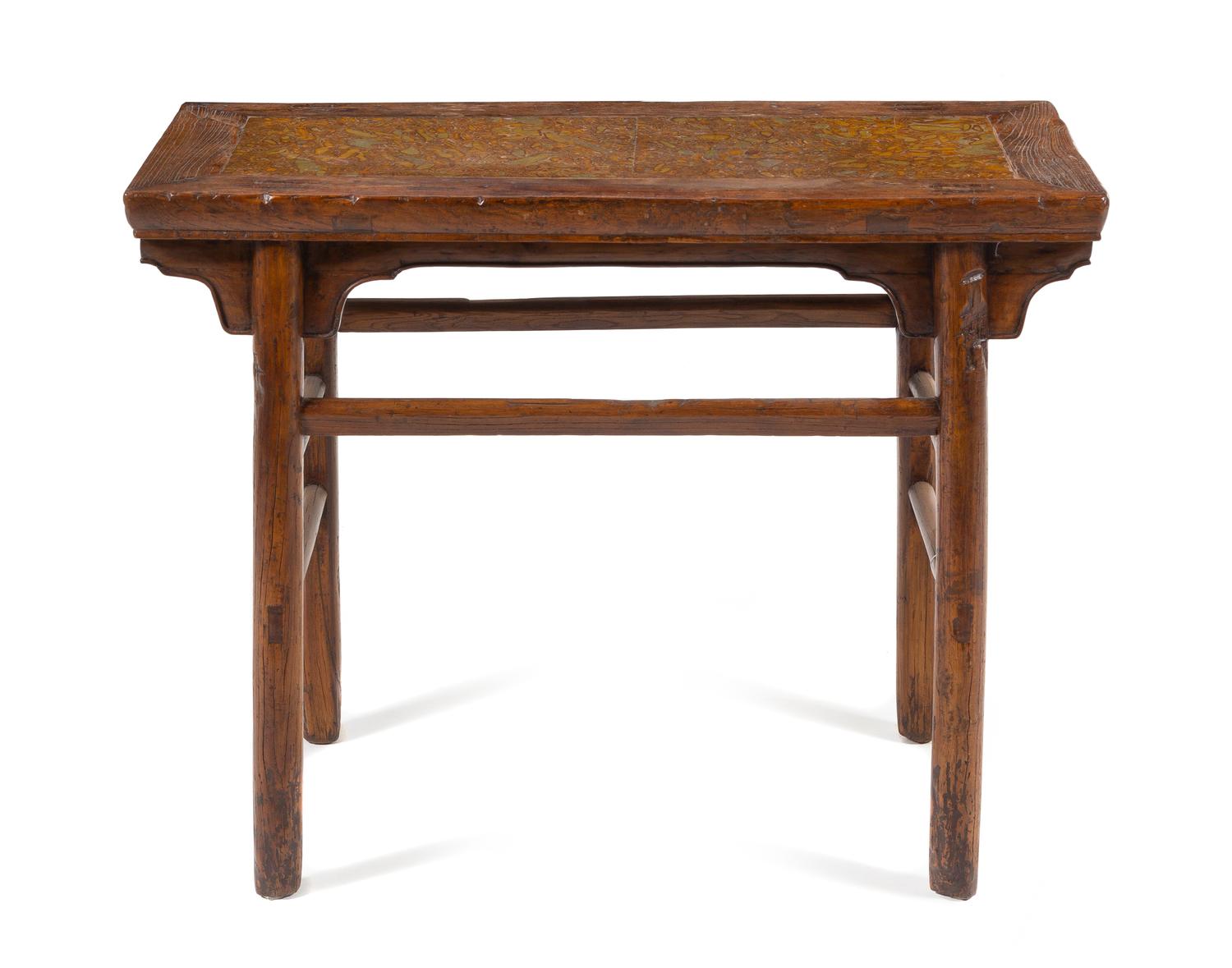 A Chinese Pudding Stone Inset Elmwood Altar Table, Banzhuo Height 30 1/4 x width 38 1/2 x depth 19 1/4 inches. — LATE QING DYNASTY