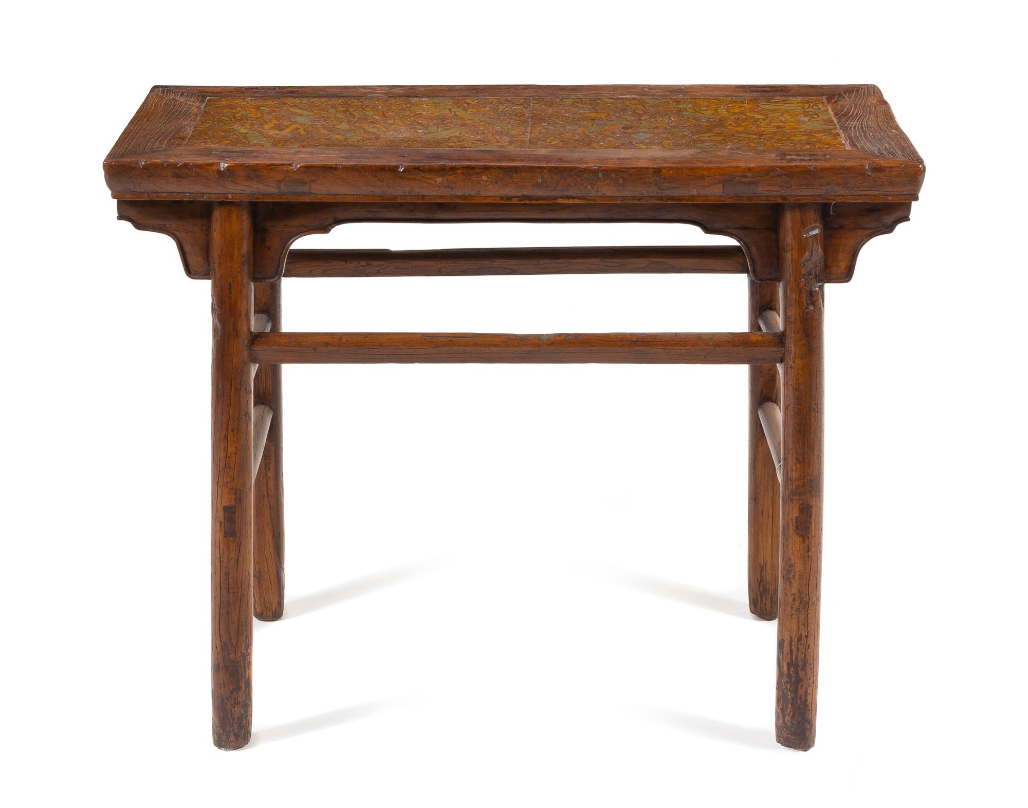 A Chinese Pudding Stone Inset Elmwood Altar Table, Banzhuo Height 30 1/4 x width 38 1/2 x depth 19 1/4 inches. — LATE QING DYNASTY