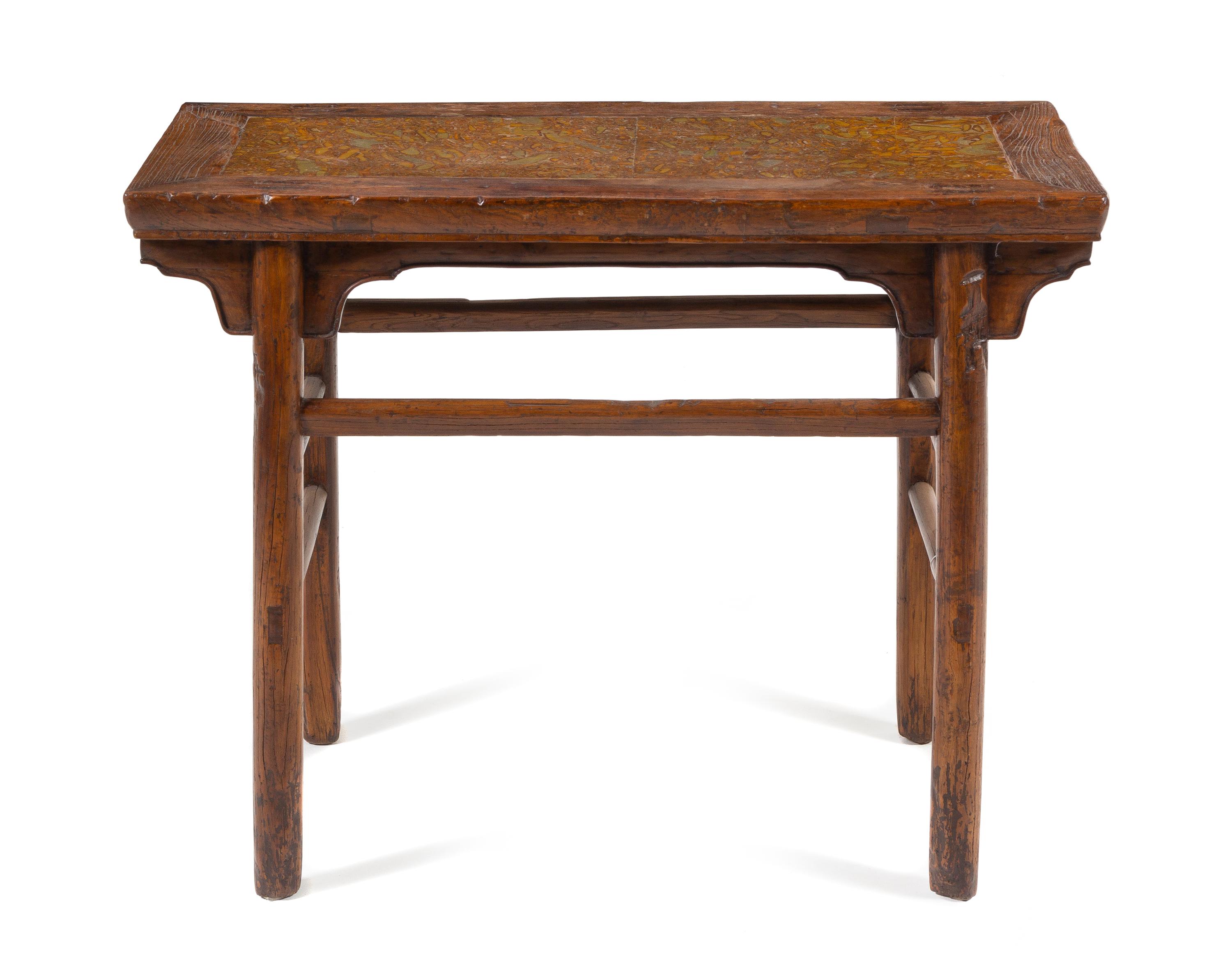A Chinese Pudding Stone Inset Elmwood Altar Table, Banzhuo Height 30 1/4 x width 38 1/2 x depth 19 1/4 inches. — LATE QING DYNASTY