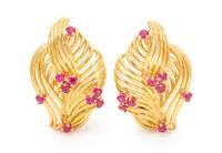 A Pair of 18 Karat Yellow Gold and Ruby Earclips, Tiffany & Co., 10.60 dwts.