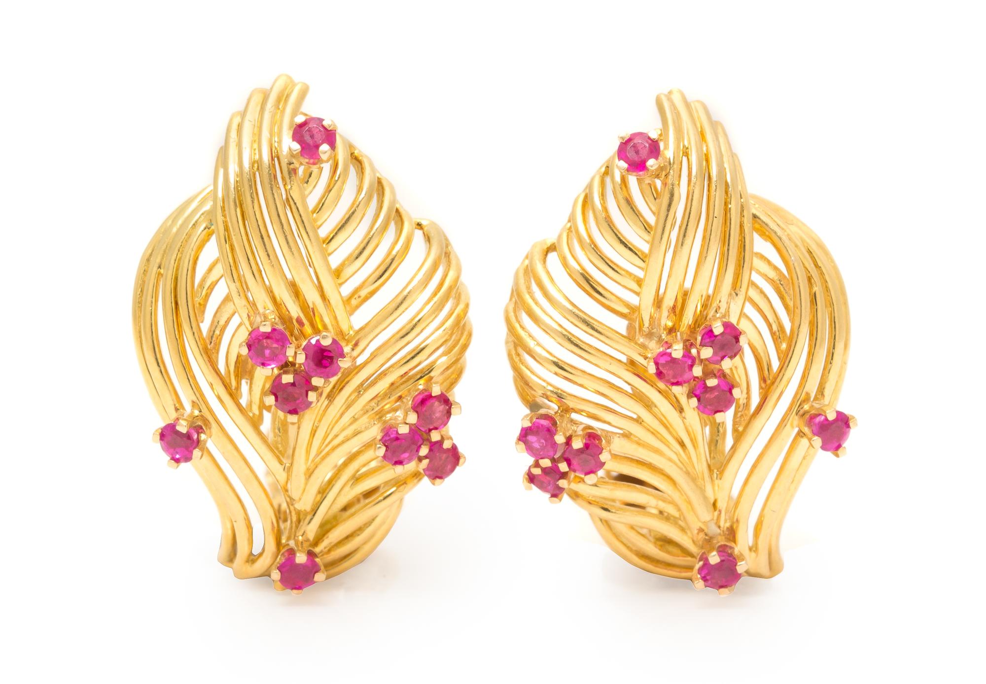A Pair of 18 Karat Yellow Gold and Ruby Earclips, Tiffany & Co., 10.60 dwts.