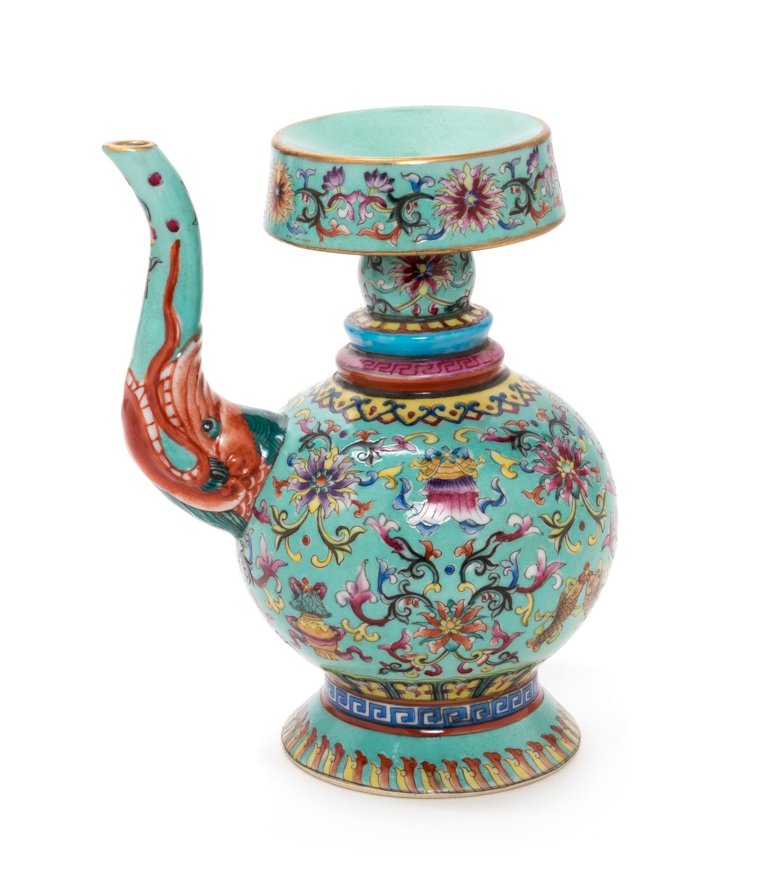 A Chinese Famille Rose Porcelain Bumpa-Form Ewer Height 7 1/4 inches. — 20TH CENTURY