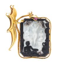 A 14 Karat Yellow Gold, Dyed Agate Cameo and Ruby Dragon Pendant, 17.70 dwts.