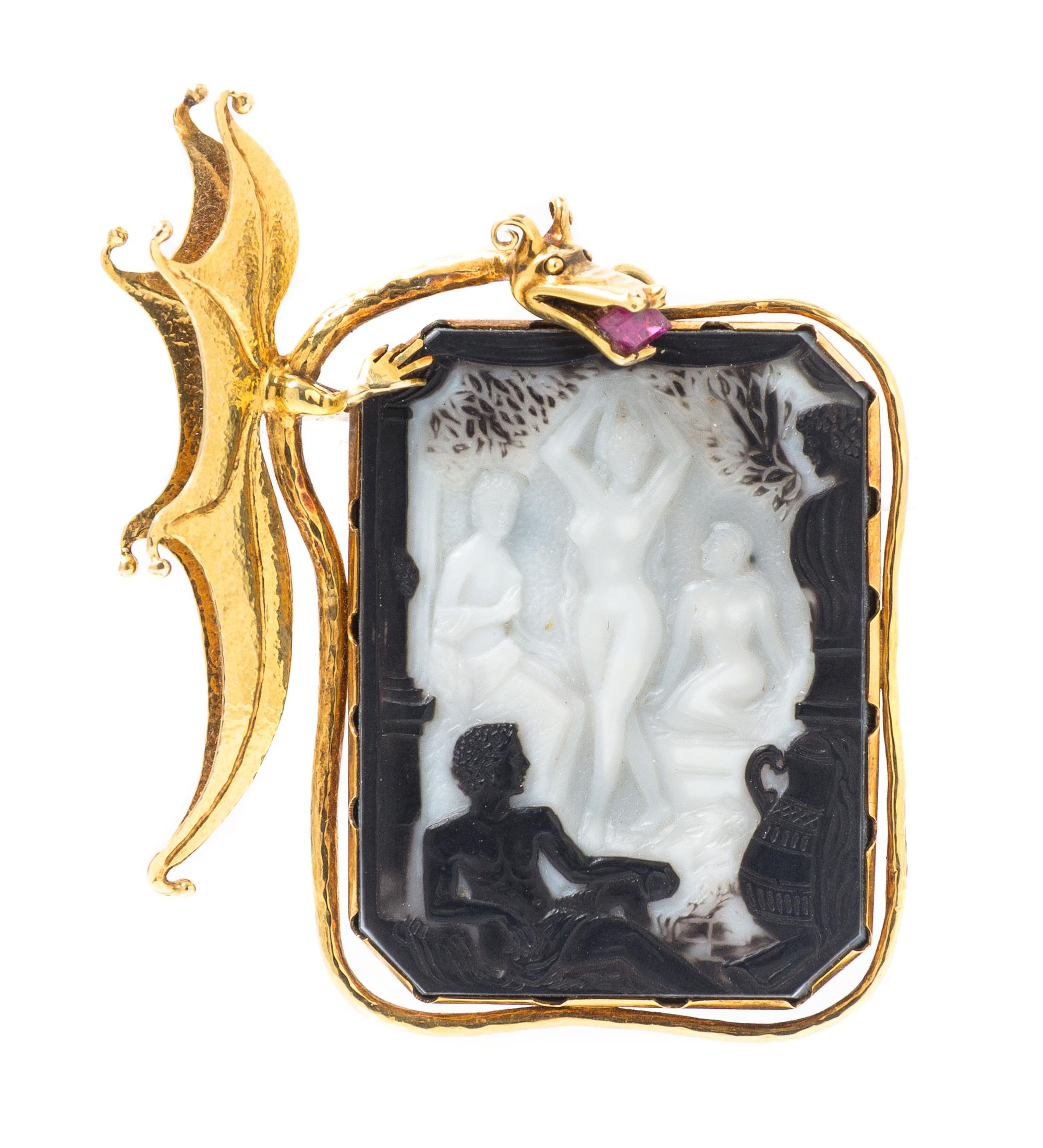A 14 Karat Yellow Gold, Dyed Agate Cameo and Ruby Dragon Pendant, 17.70 dwts.