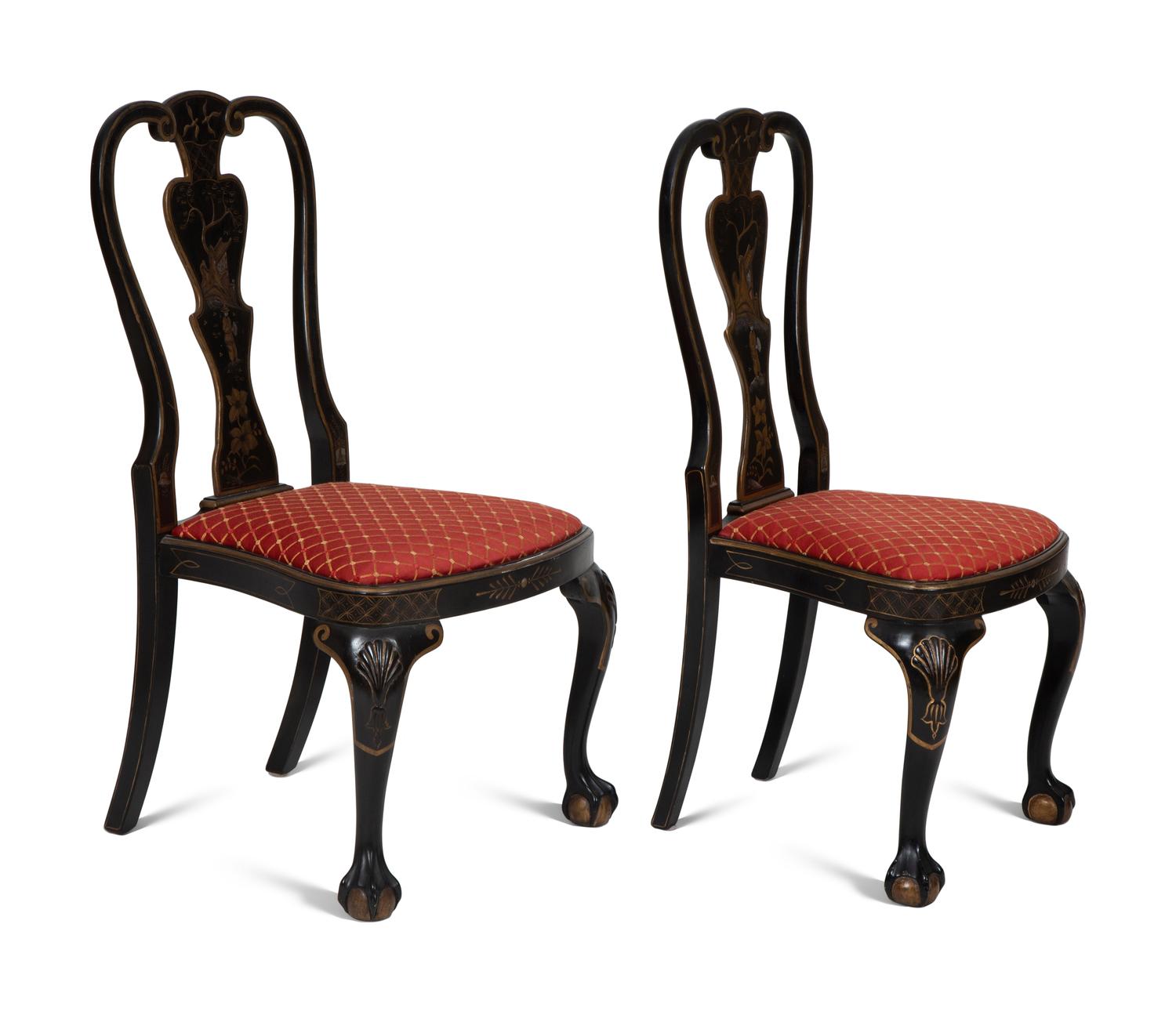 A Set of Eight George II Style Black and Gilt Japanned Dining Chairs