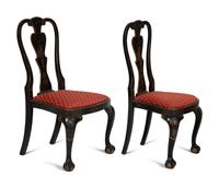 A Set of Eight George II Style Black and Gilt Japanned Dining Chairs