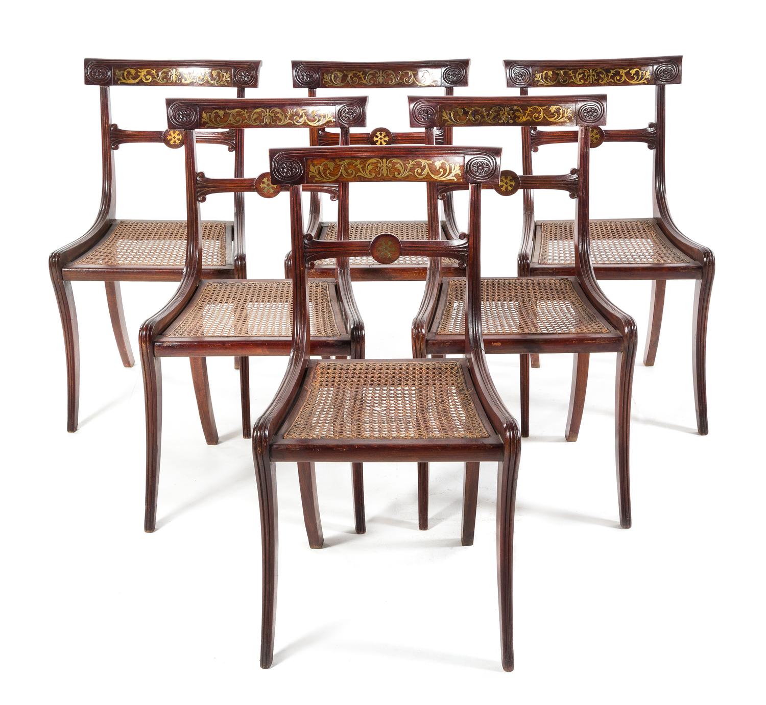 A Set of Six Regency Brass Inlaid Dining Chairs Height 32 1/2 inches. — 19TH CENTURY