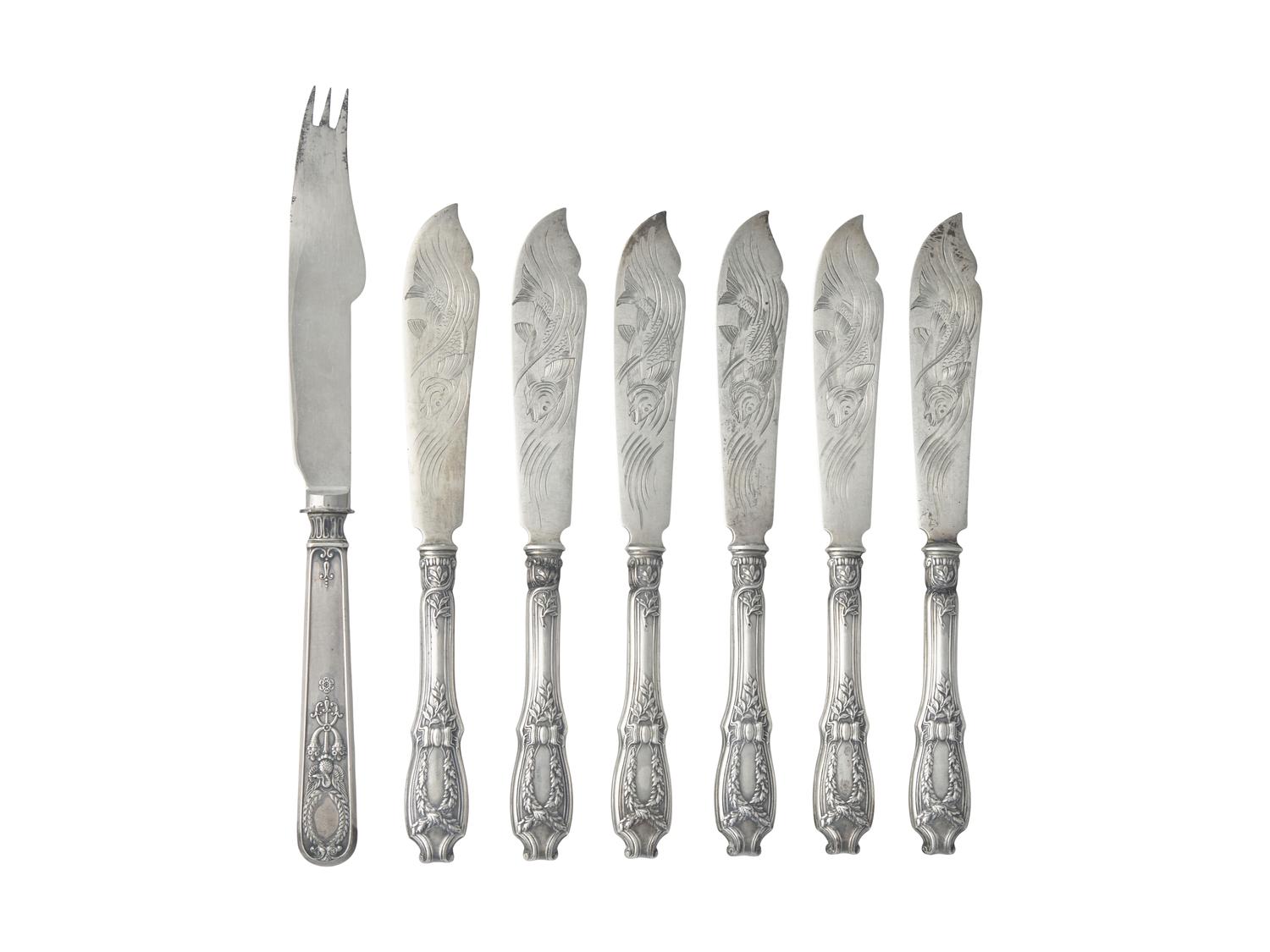 A Set of Six Russian Silver Fish Knives and a Single Russian Silver Knife