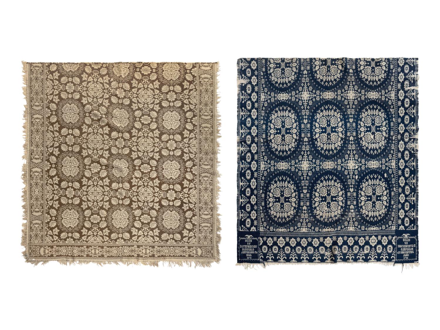 Two Jacquard Woven Cotton and Wool Coverlets