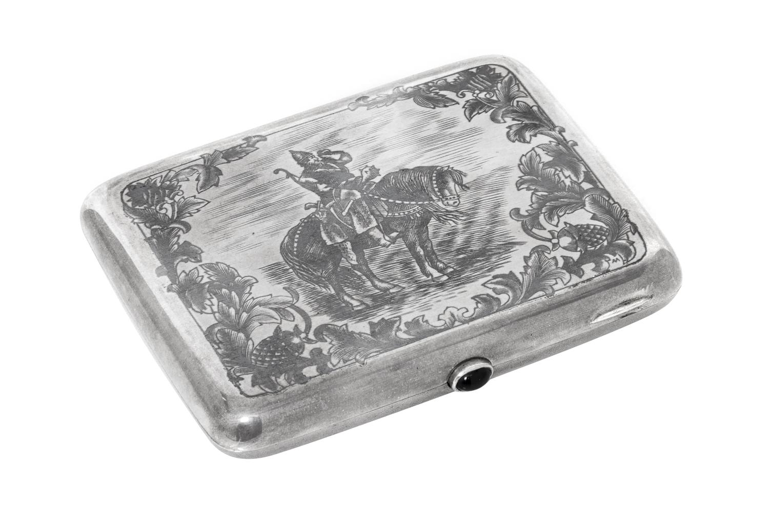 A Russian Niello Silver Cigarette Case, Maker's mark Cyrillic AMYu4, Moscow, 20th century, the case decorated with an image of Ilya Mur