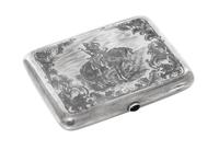 A Russian Niello Silver Cigarette Case, Maker's mark Cyrillic AMYu4, Moscow, 20th century, the case decorated with an image of Ilya Mur