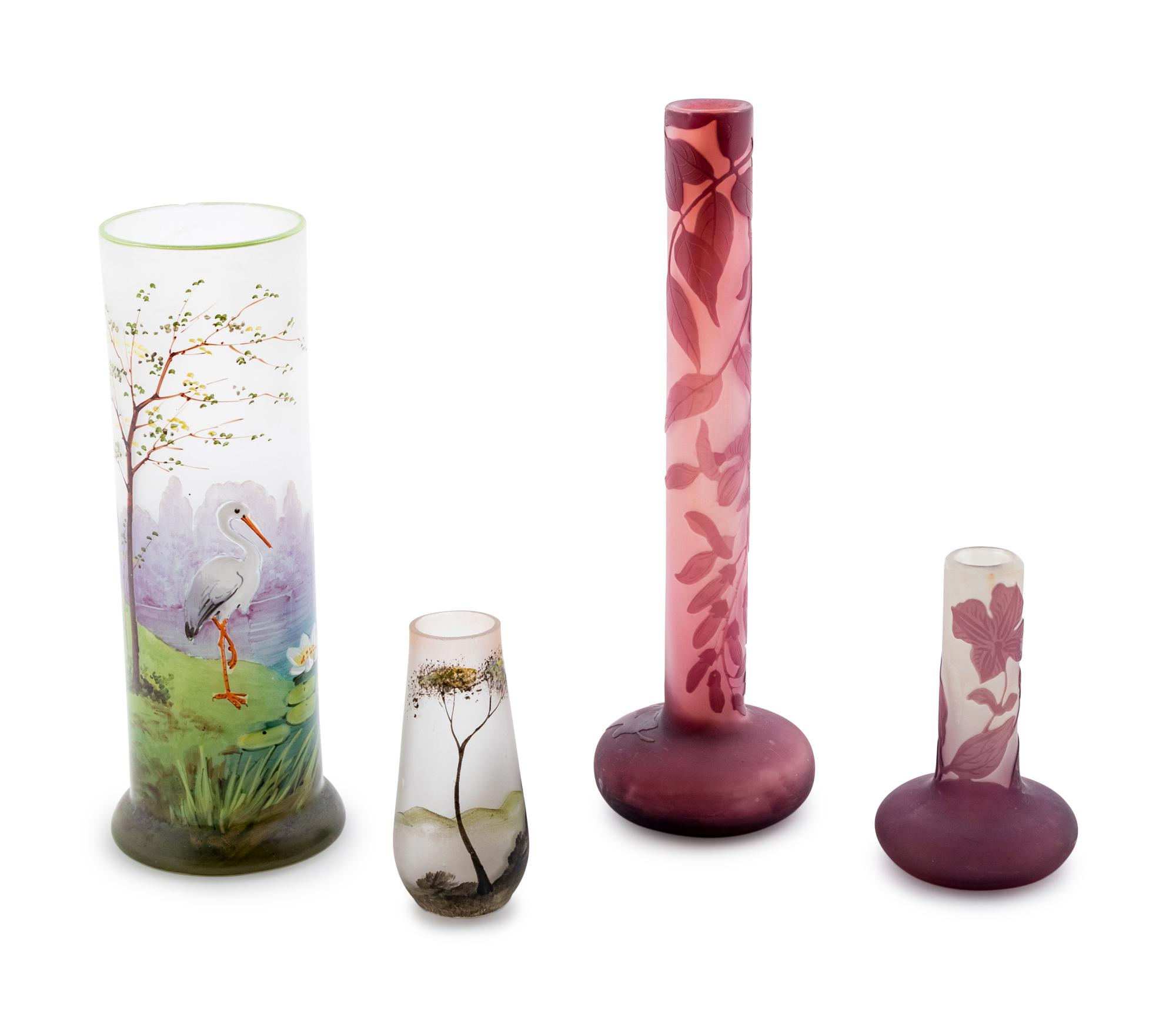 Two Stick Vases, together with two Daum-Style cabinet vases