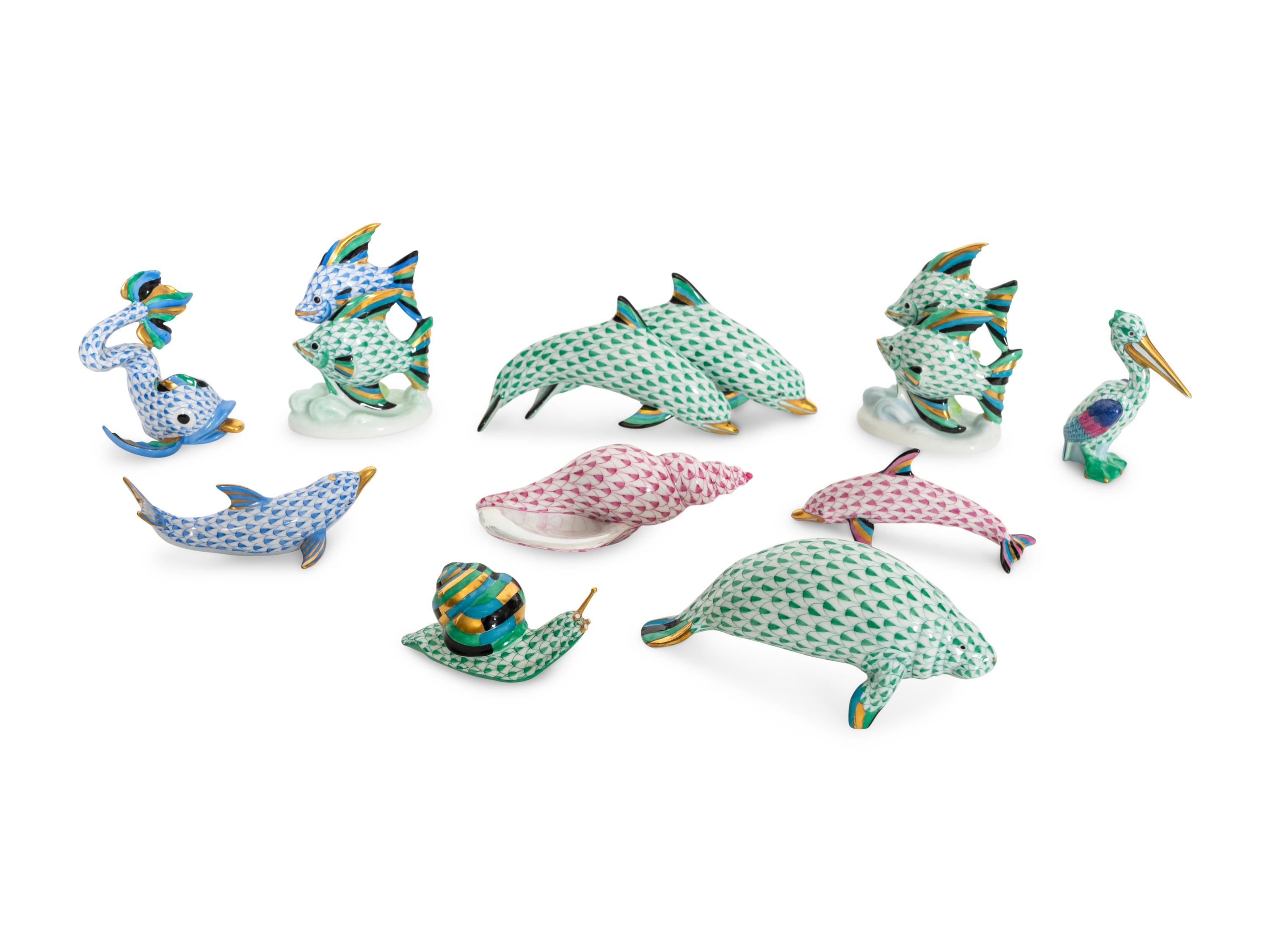 A Collection of Ten Herend Fishnet Porcelain Animal Figures
