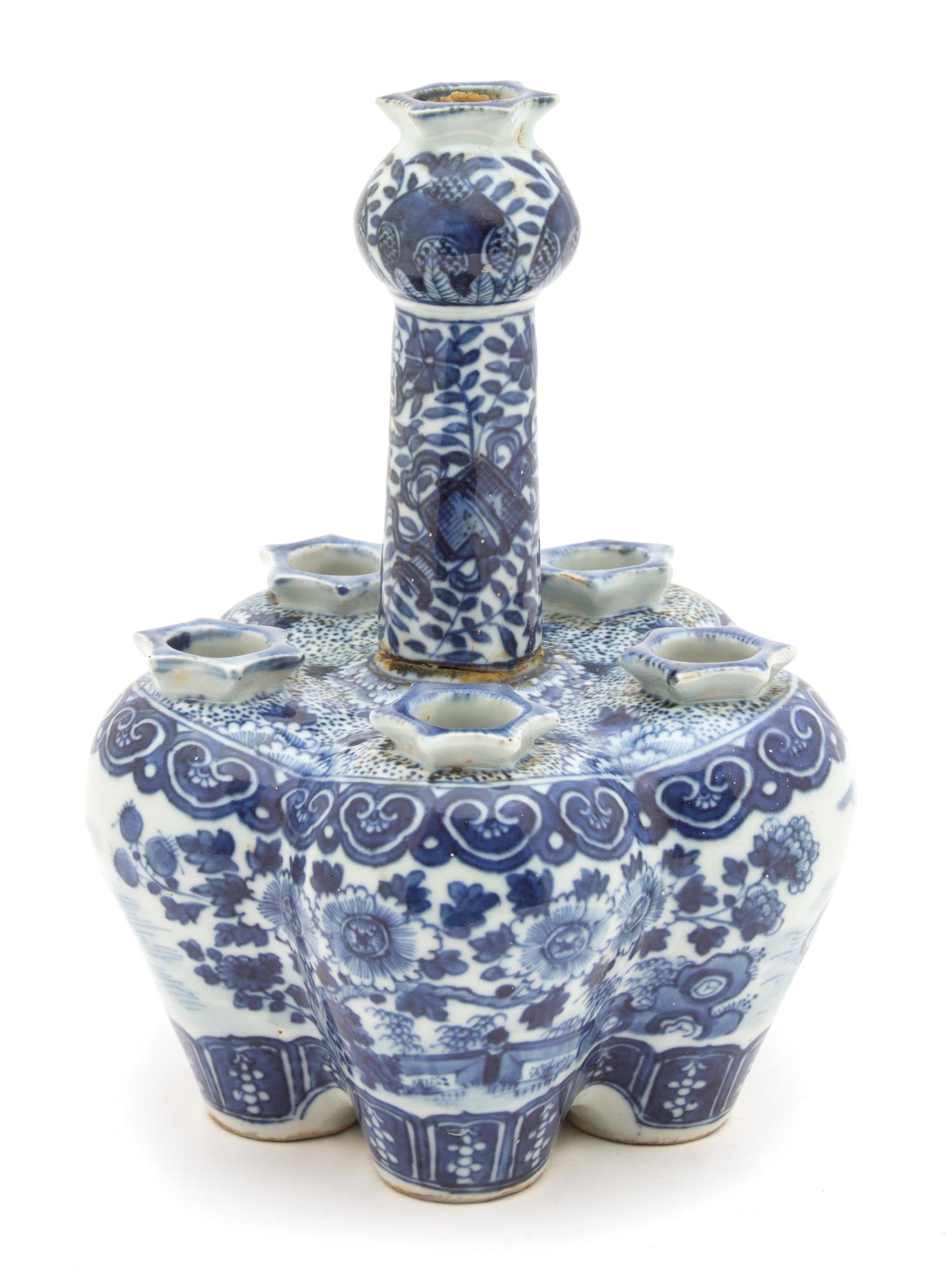 A Delft Blue and White Porcelain Tulipiere Height 9 1/2 inches. — 19TH CENTURY