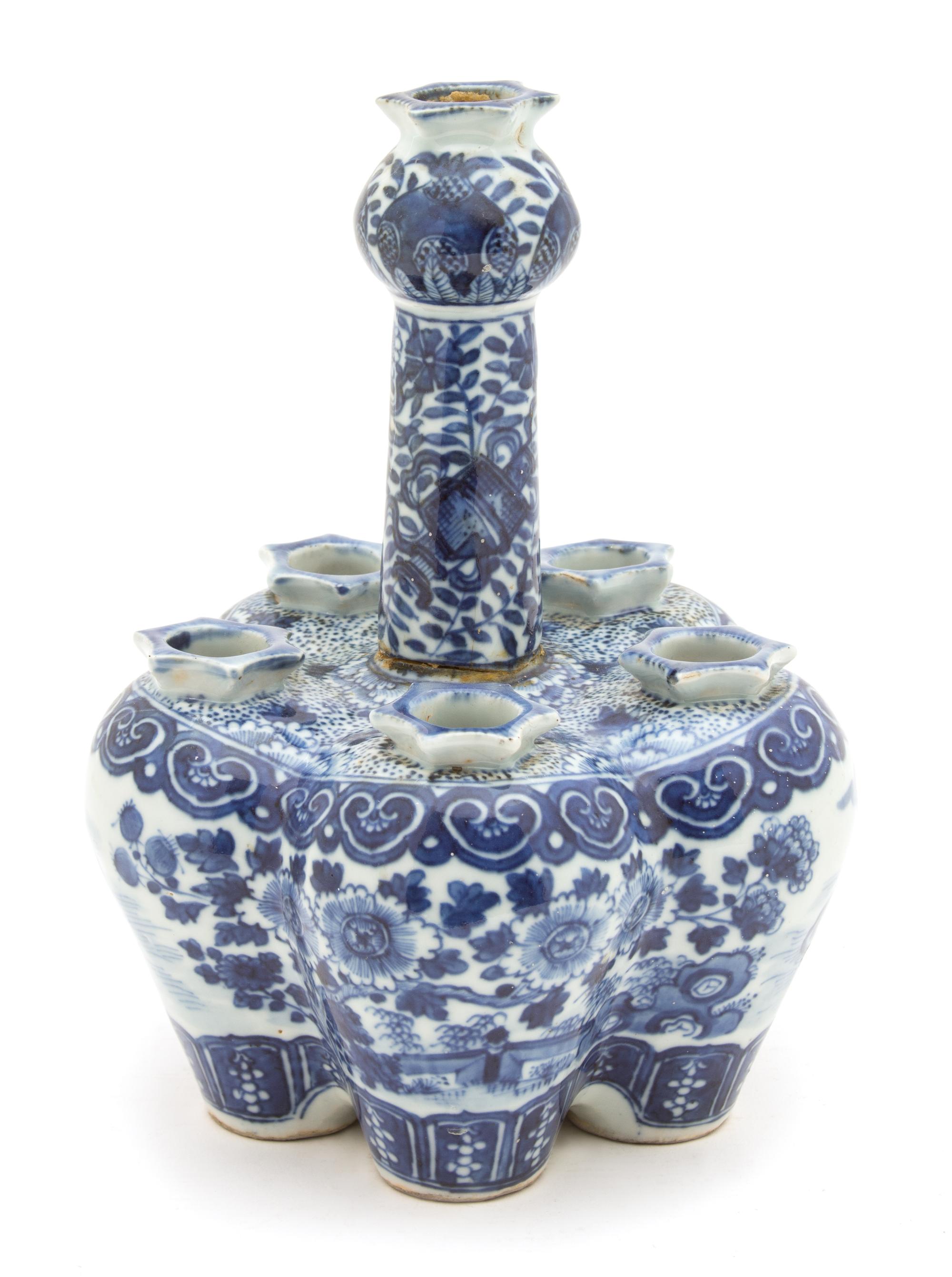 A Delft Blue and White Porcelain Tulipiere Height 9 1/2 inches. — 19TH CENTURY