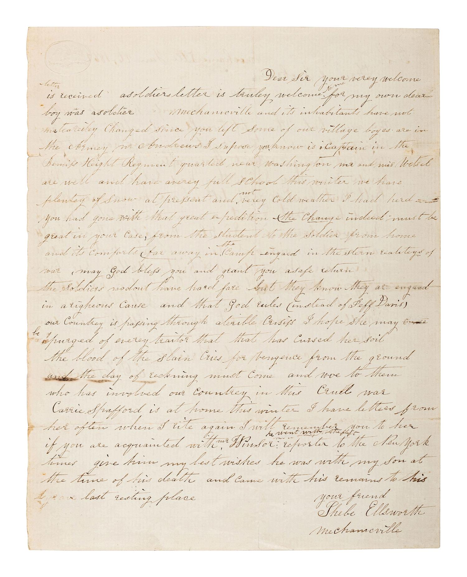 [CIVIL WAR]. ELLSWORTH, Ephraim D. ALS ("E.D. Ellsworth") regarding his fallen son, Elmer E. Ellsworth. Mechanicville, [NY], 26 January 1862. With letter from mother Phebe on reverse.