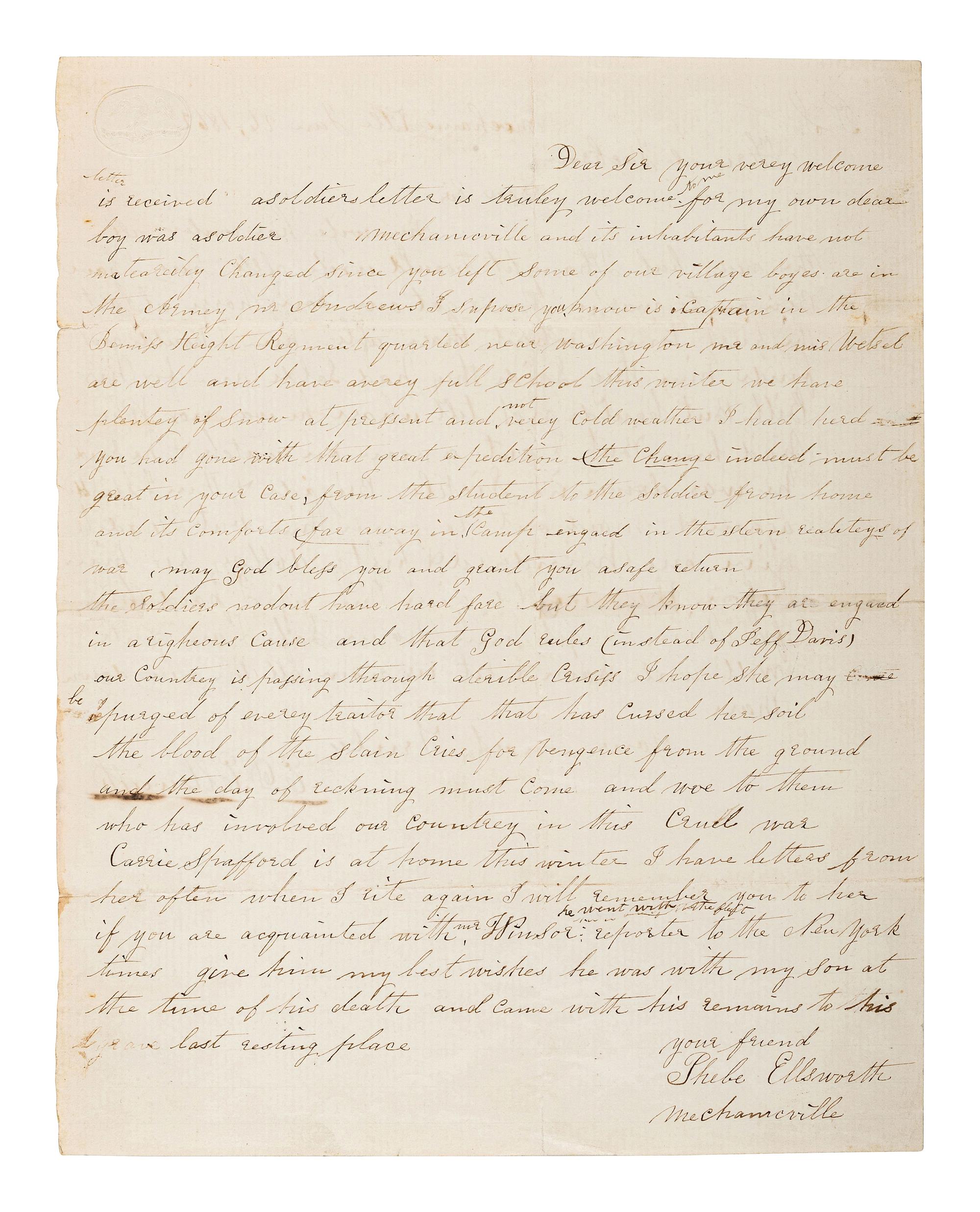 [CIVIL WAR]. ELLSWORTH, Ephraim D. ALS ("E.D. Ellsworth") regarding his fallen son, Elmer E. Ellsworth. Mechanicville, [NY], 26 January 1862. With letter from mother Phebe on reverse.