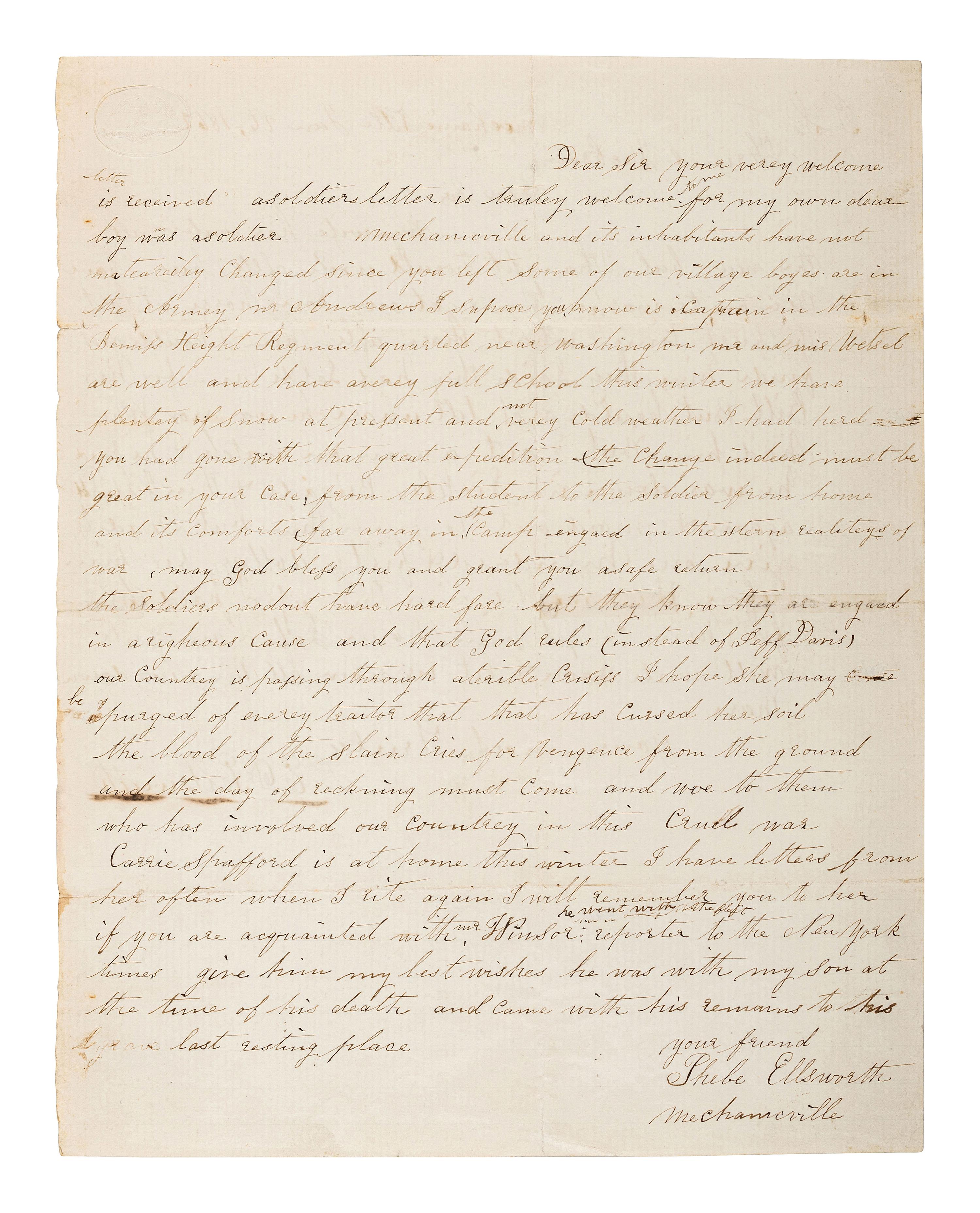 [CIVIL WAR]. ELLSWORTH, Ephraim D. ALS ("E.D. Ellsworth") regarding his fallen son, Elmer E. Ellsworth. Mechanicville, [NY], 26 January 1862. With letter from mother Phebe on reverse.