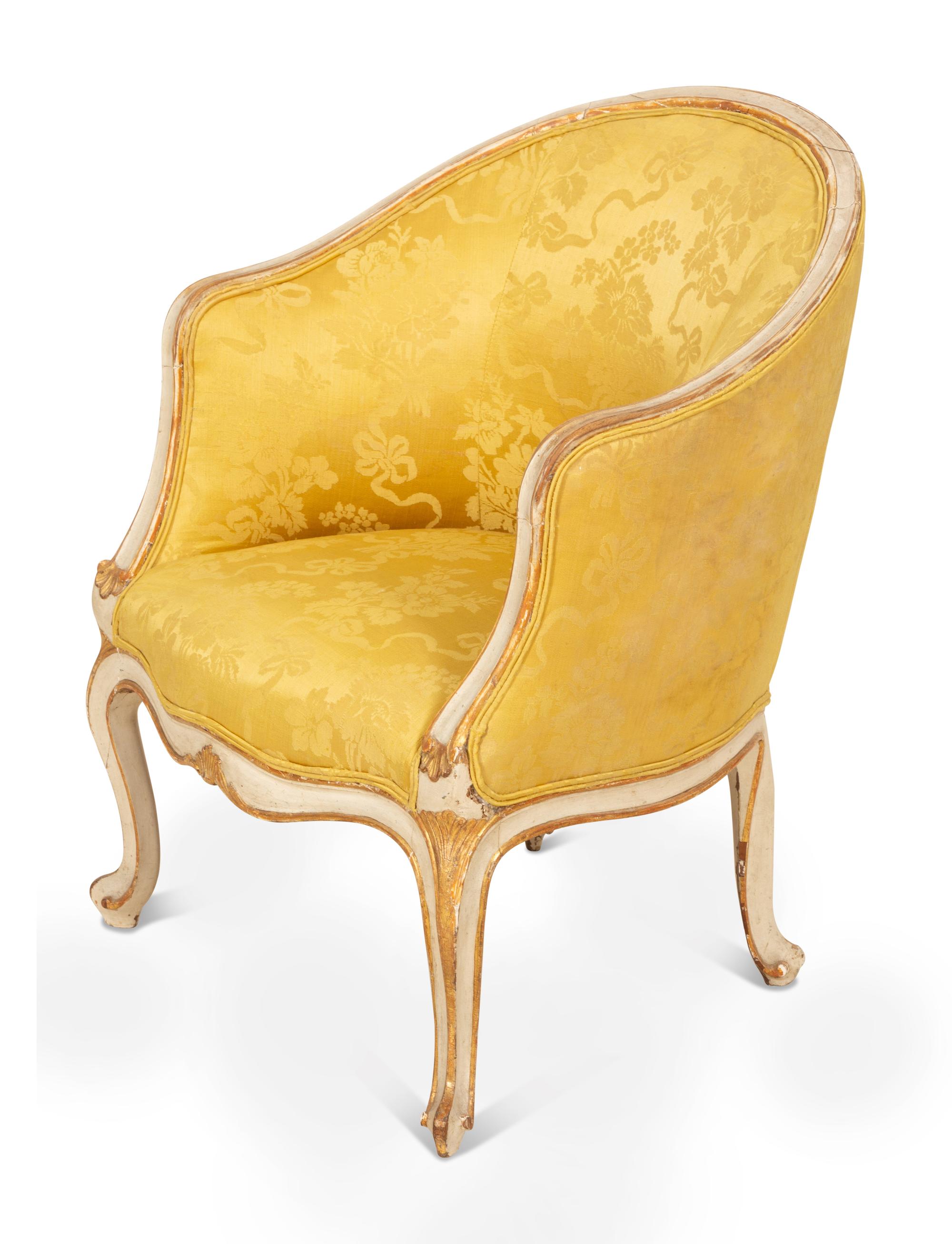 A Louis XV Style Painted and Parcel Gilt Barrel Back Bergere