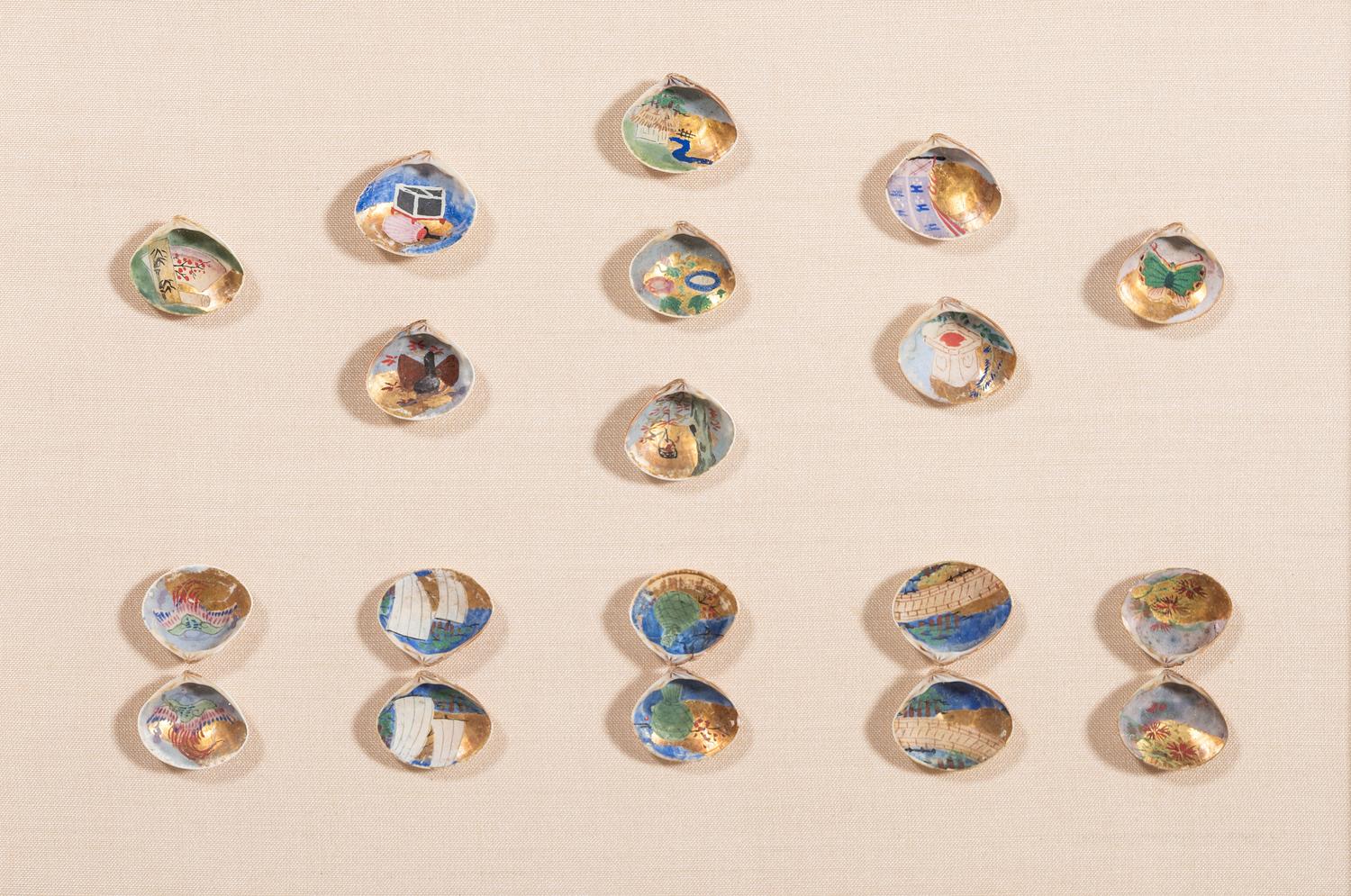 Nineteen Japanese Kai-awase Paint and Gilt Decorated Shell Game Pieces