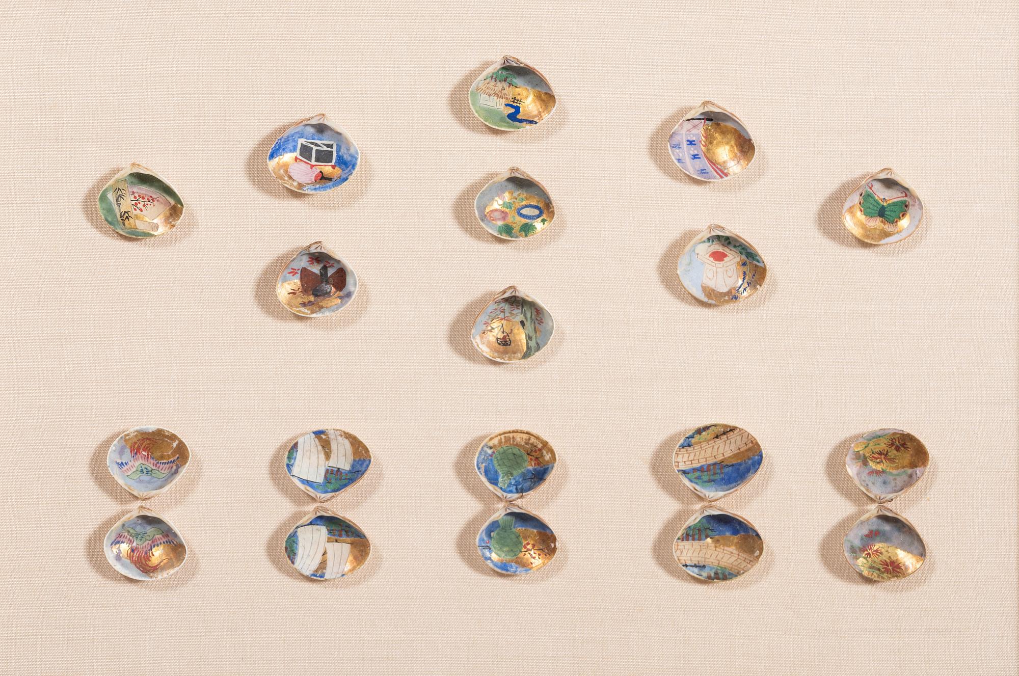 Nineteen Japanese Kai-awase Paint and Gilt Decorated Shell Game Pieces