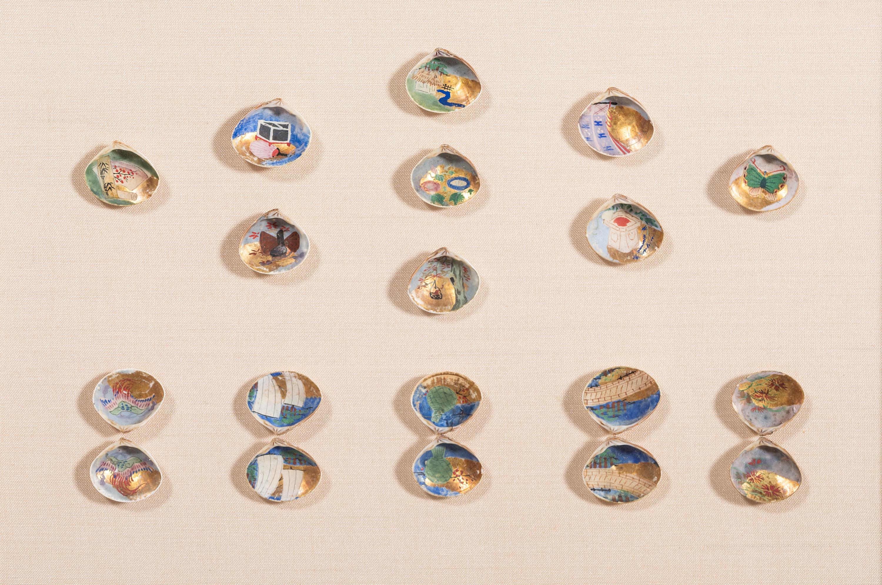 Nineteen Japanese Kai-awase Paint and Gilt Decorated Shell Game Pieces