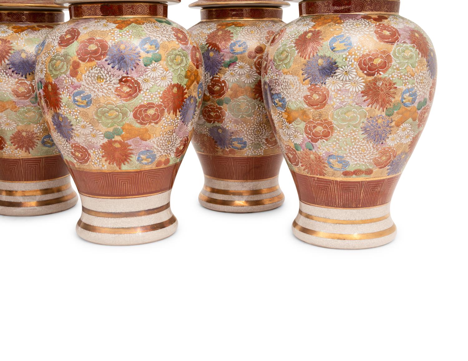 Six Japanese Kutani Porcelain Covered Jars