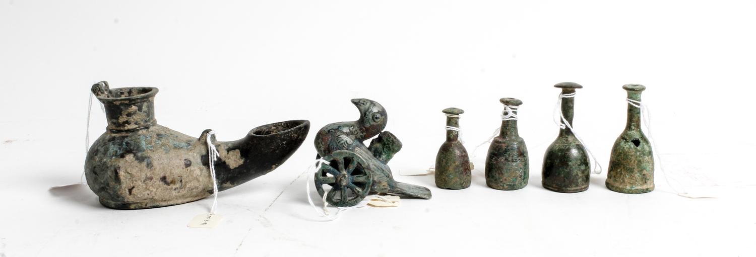 A Group of Six Roman Bronze Articles Width of largest 3 1/2 inches.